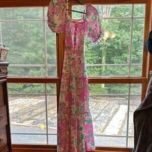 Peach Love California Pink and Green Puff Sleeve Sundress